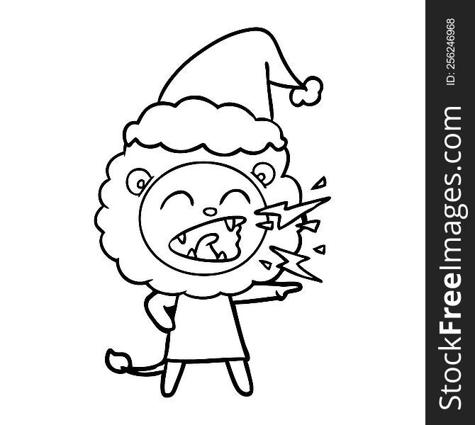 Line Drawing Of A Roaring Lion Girl Wearing Santa Hat