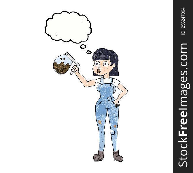 freehand drawn thought bubble textured cartoon woman in dungarees with coffee