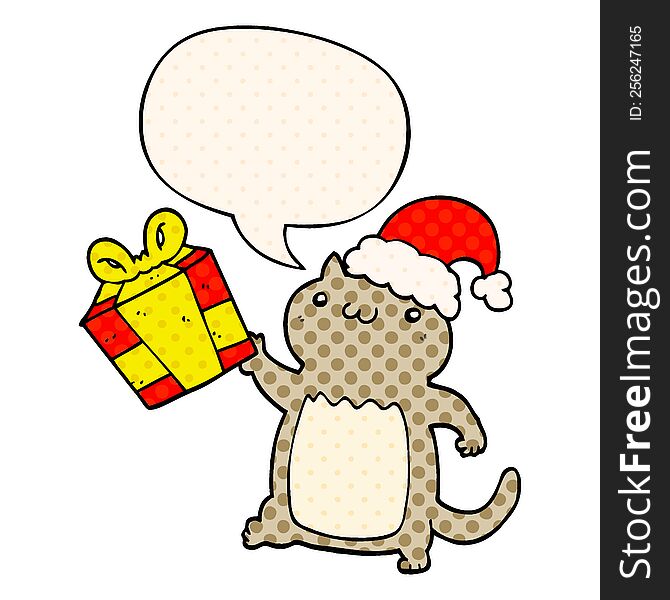 Cute Cartoon Christmas Cat And Speech Bubble In Comic Book Style