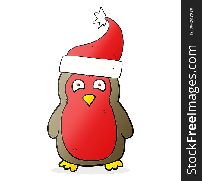 Cartoon Christmas Robin Wearing Santa Hat