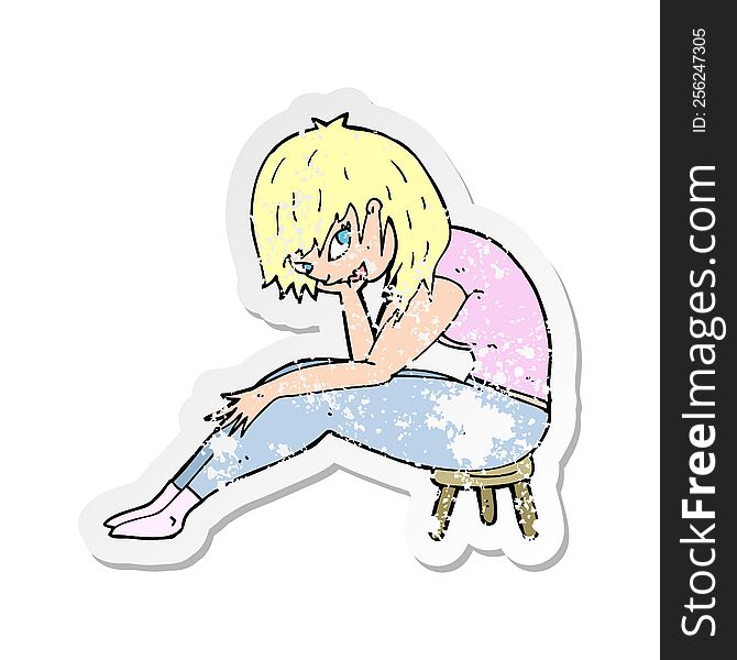 retro distressed sticker of a cartoon woman sitting on small stool