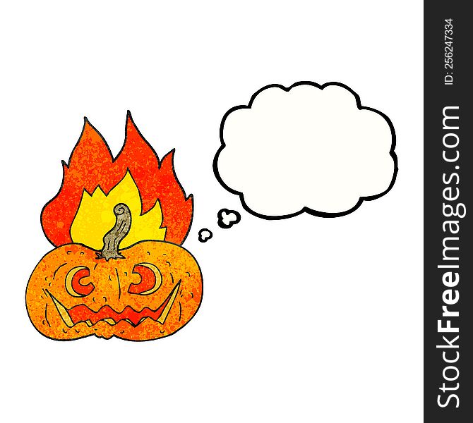 freehand drawn thought bubble textured cartoon flaming halloween pumpkin