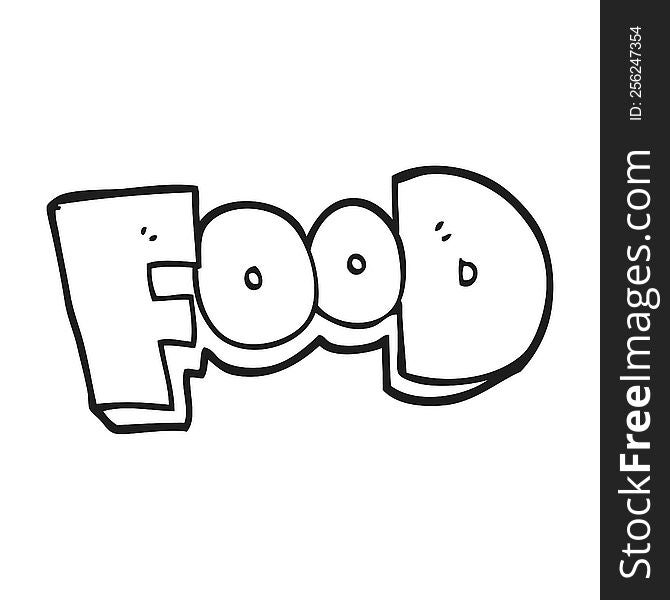 freehand drawn black and white cartoon word food