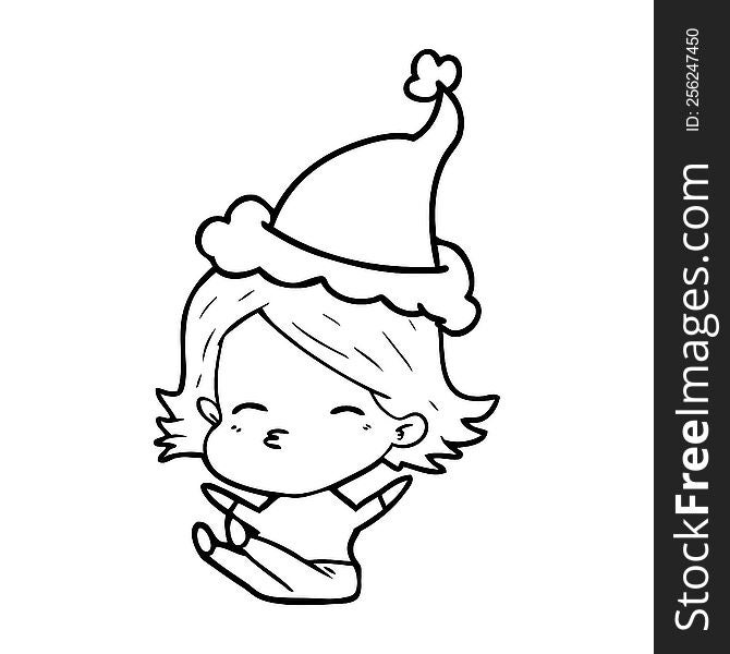 Line Drawing Of A Woman Sitting Wearing Santa Hat