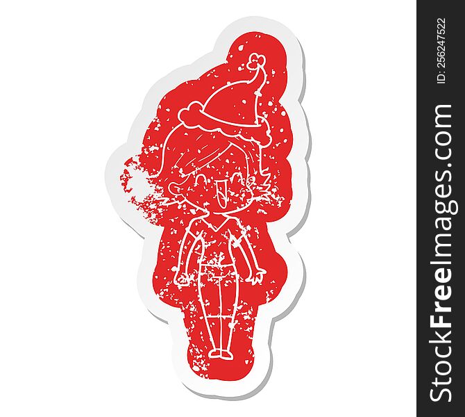 Cartoon Distressed Sticker Of A Happy Woman Wearing Santa Hat