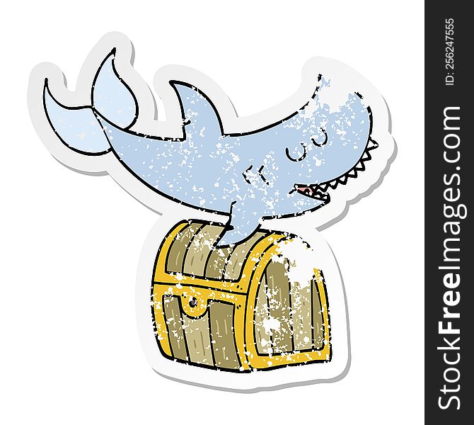distressed sticker of a cartoon shark swimming over treasure chest