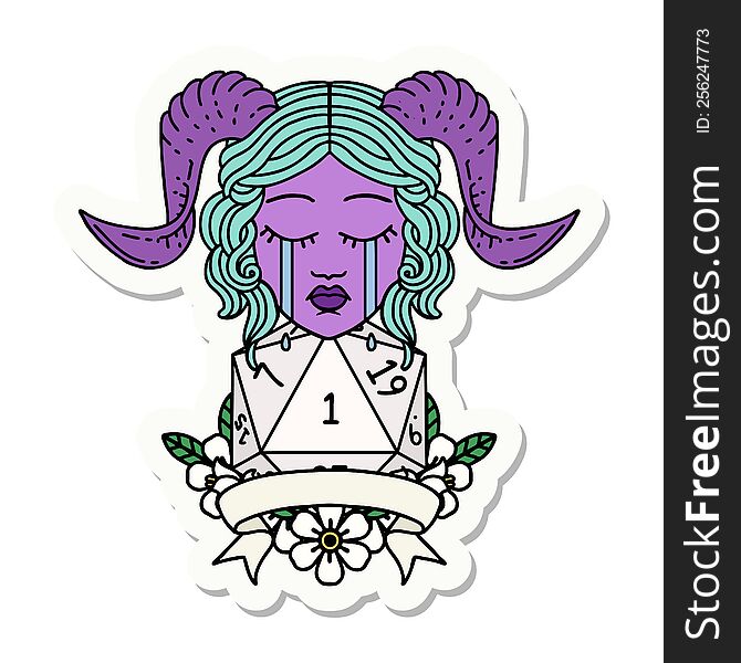 sticker of a crying tiefling face with natural 1 D20 Dice. sticker of a crying tiefling face with natural 1 D20 Dice