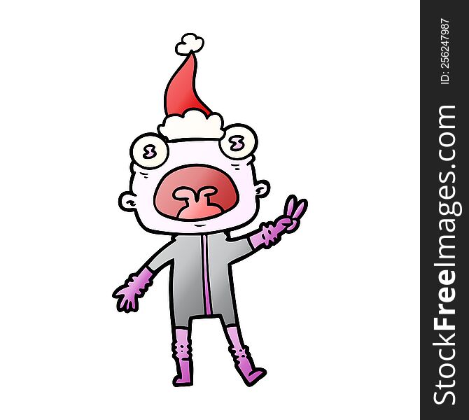 Gradient Cartoon Of A Weird Alien Waving Wearing Santa Hat