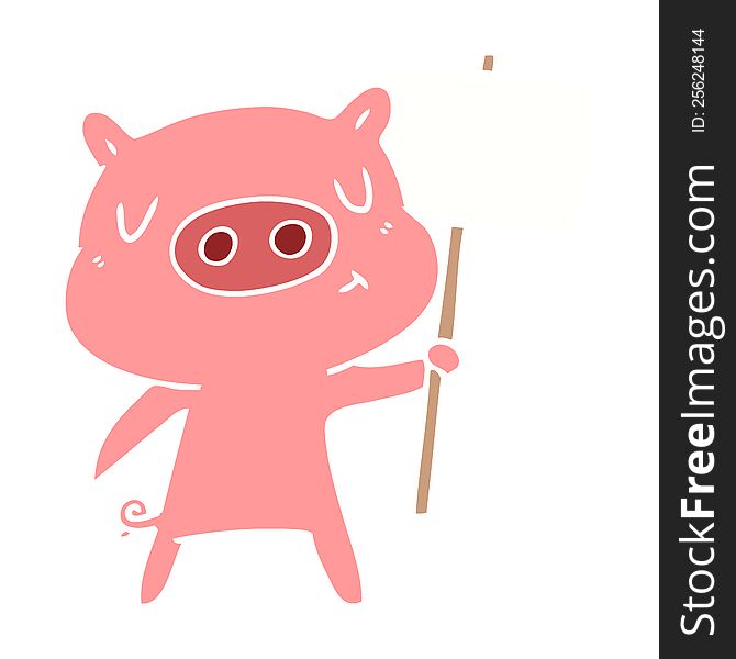 flat color style cartoon content pig signpost;sign