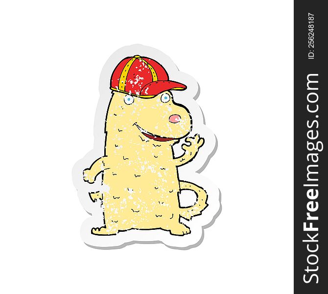 retro distressed sticker of a cartoon dog wearing cap