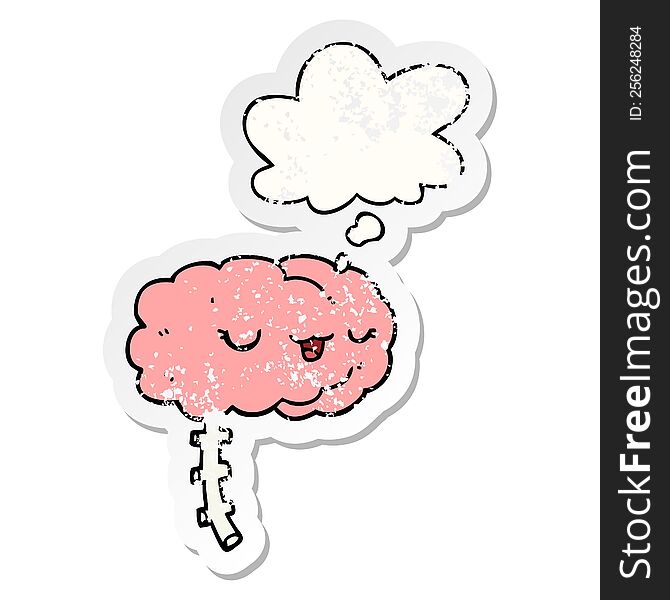 happy cartoon brain with thought bubble as a distressed worn sticker