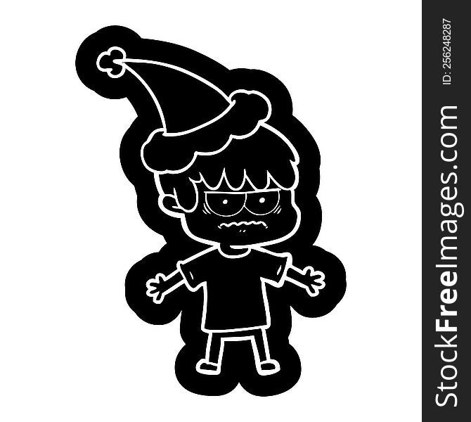 annoyed quirky cartoon icon of a boy wearing santa hat