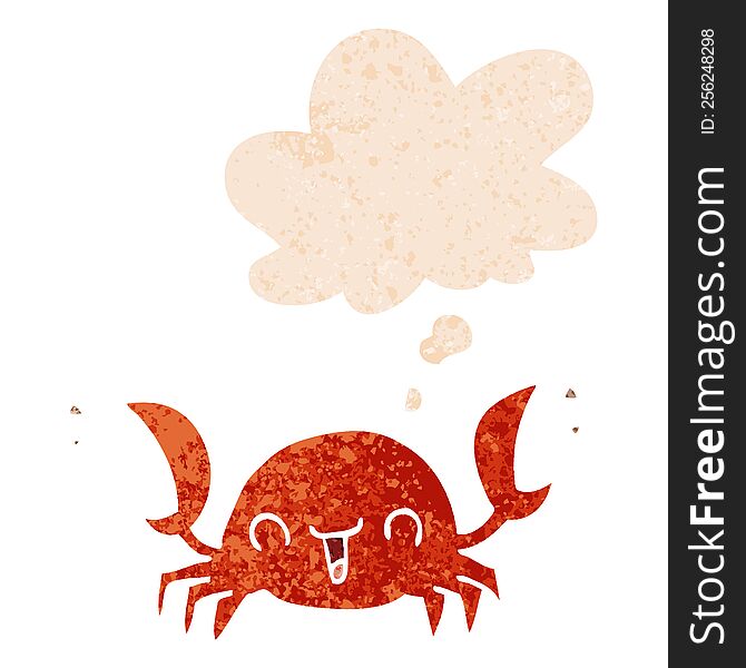 cartoon crab and thought bubble in retro textured style