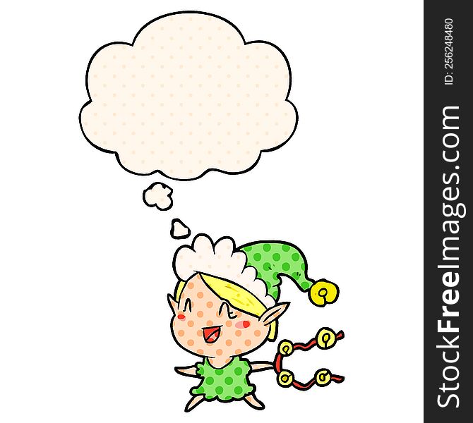 cartoon happy christmas elf with thought bubble in comic book style
