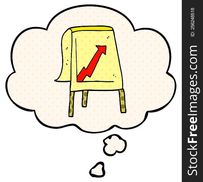 cartoon business chart with arrow and thought bubble in comic book style