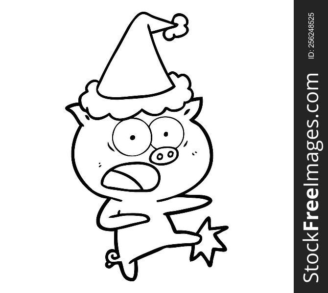 hand drawn line drawing of a pig shouting and kicking wearing santa hat