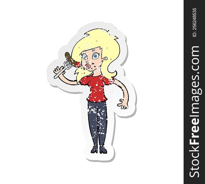 retro distressed sticker of a cartoon woman eating hotdog