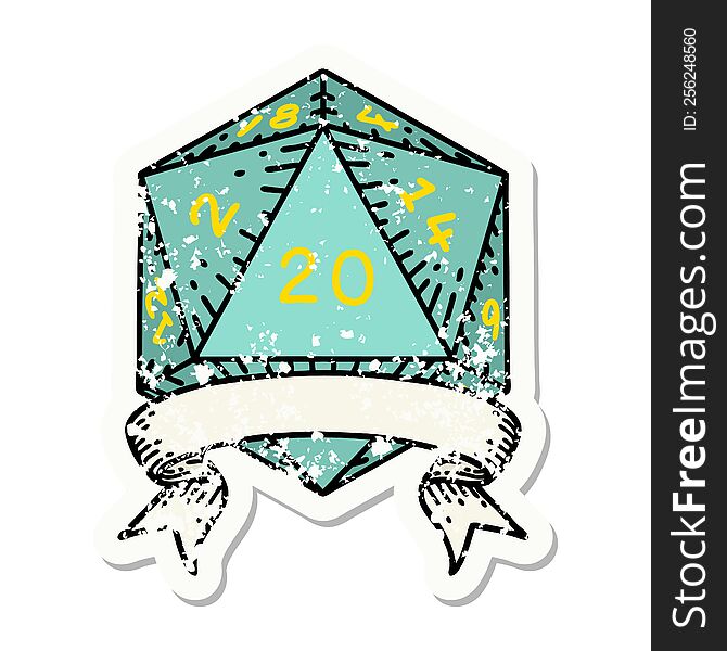 Natural 20 Critical Hit D20 Dice Roll Grunge Sticker