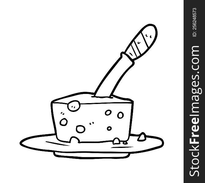 line drawing of a knife in block of cheese. line drawing of a knife in block of cheese