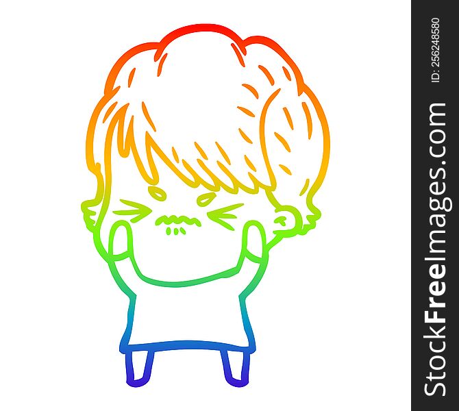 Rainbow Gradient Line Drawing Cartoon Frustrated Woman