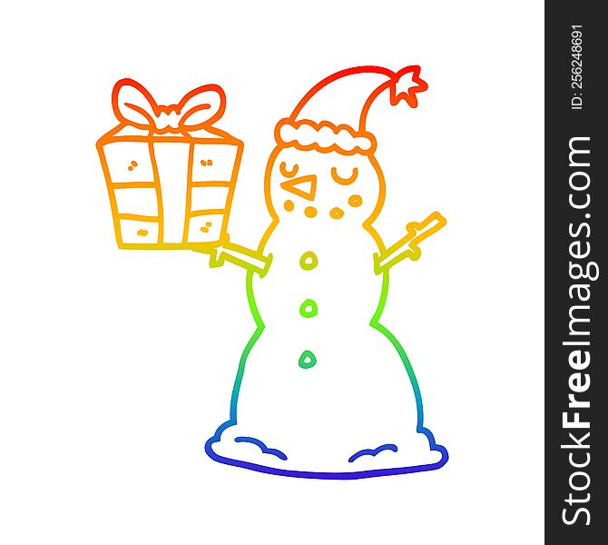Rainbow Gradient Line Drawing Cartoon Snowman With Present