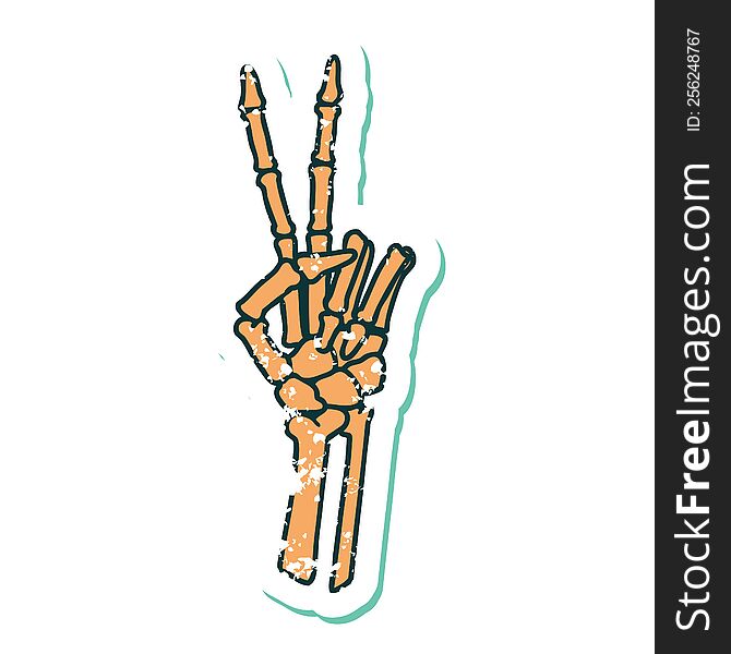 distressed sticker tattoo style icon of a skeleton hand giving a peace sign