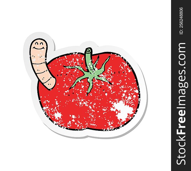 retro distressed sticker of a cartoon tomato with worm