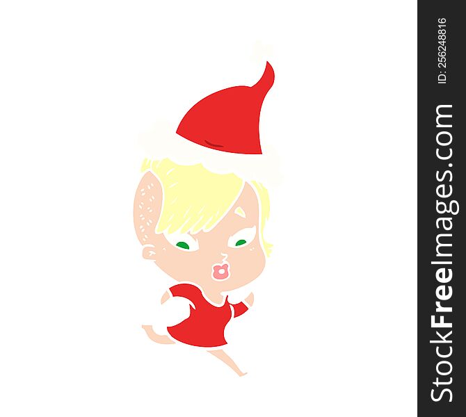 flat color illustration of a surprised girl wearing santa hat