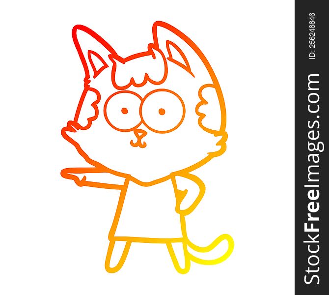 warm gradient line drawing of a happy cartoon cat in dress pointing