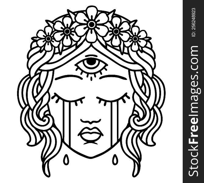 Black Line Tattoo Of Female Face With Third Eye Crying