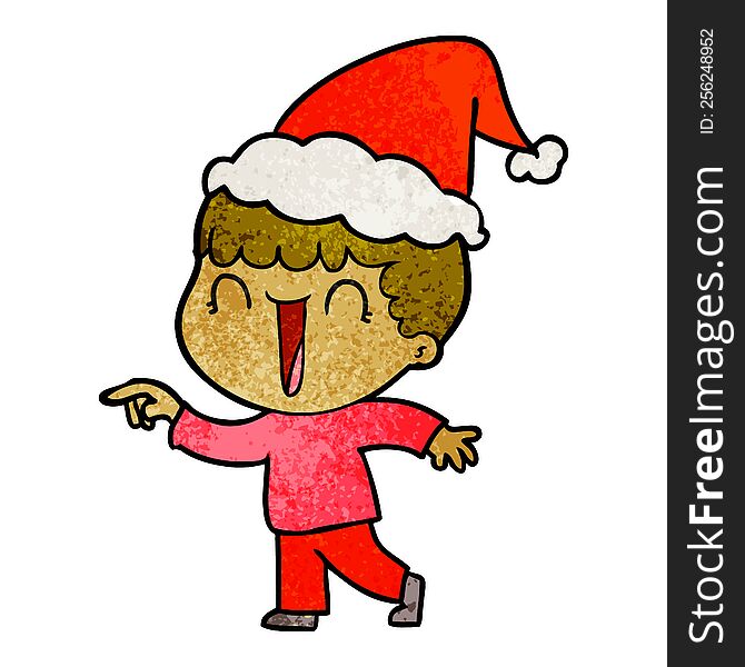 Laughing Textured Cartoon Of A Man Pointing Wearing Santa Hat
