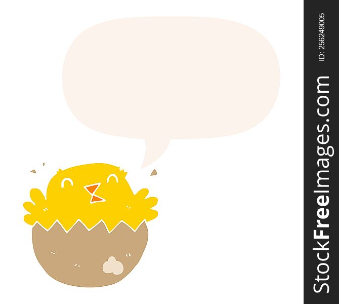 cartoon hatching chick with speech bubble in retro style