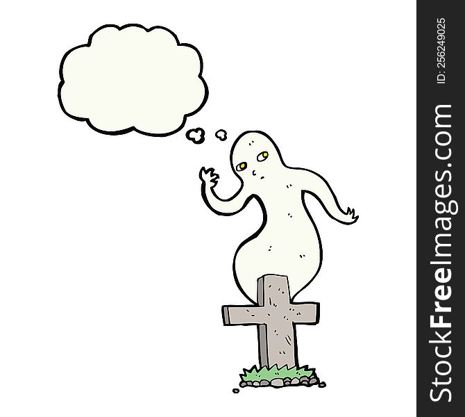 Cartoon Ghost Rising From Grave With Thought Bubble