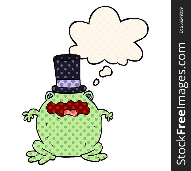 cartoon toad wearing top hat with thought bubble in comic book style
