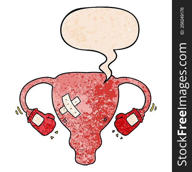 cartoon beat up uterus with boxing gloves with speech bubble in retro texture style. cartoon beat up uterus with boxing gloves with speech bubble in retro texture style