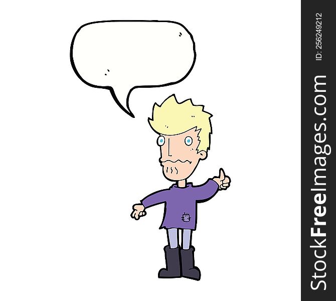 cartoon worried man giving thumbs up symbol with speech bubble