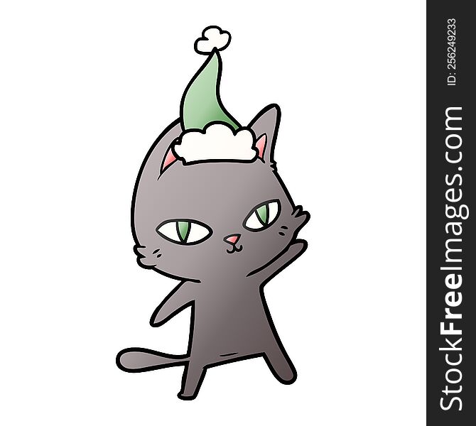 Gradient Cartoon Of A Cat Staring Wearing Santa Hat