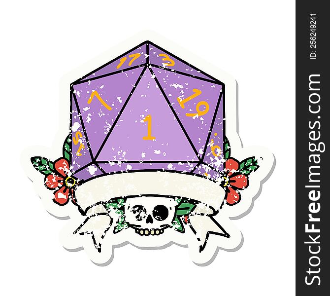 grunge sticker of a natural one d20 dice roll. grunge sticker of a natural one d20 dice roll