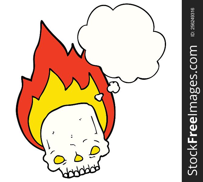spooky cartoon flaming skull with thought bubble
