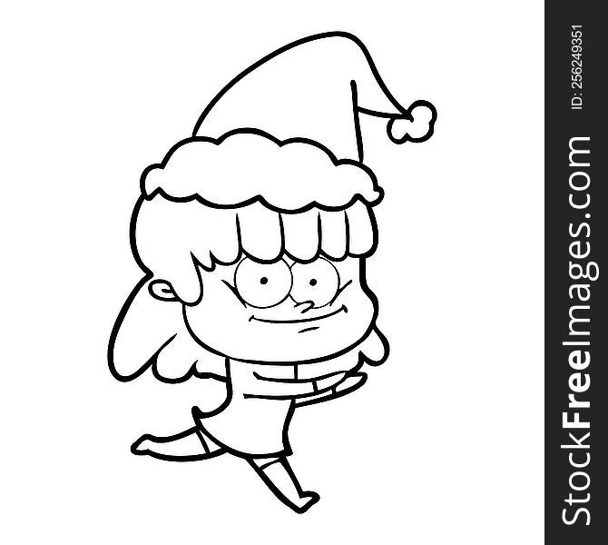 hand drawn line drawing of a smiling woman wearing santa hat