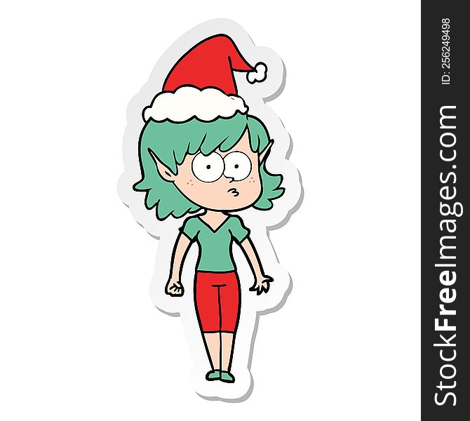 Sticker Cartoon Of A Elf Girl Staring Wearing Santa Hat