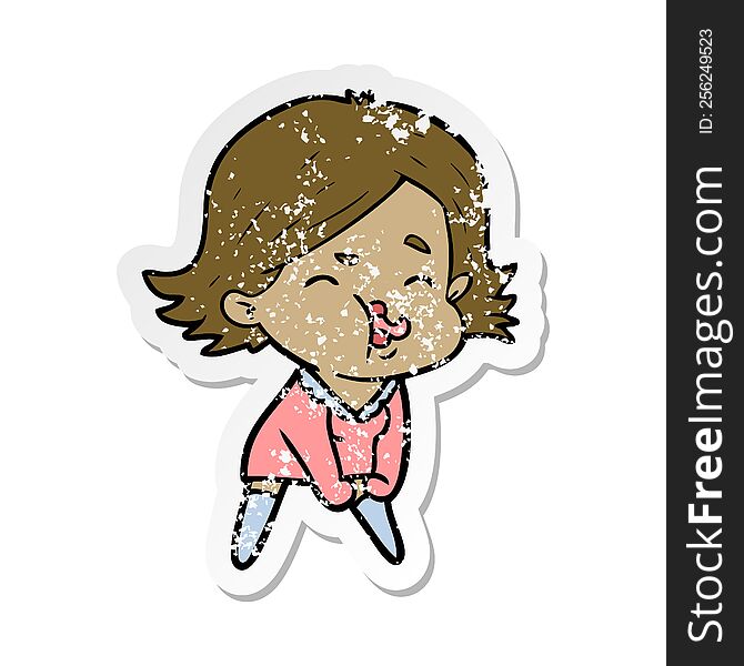 distressed sticker of a cartoon girl pulling face