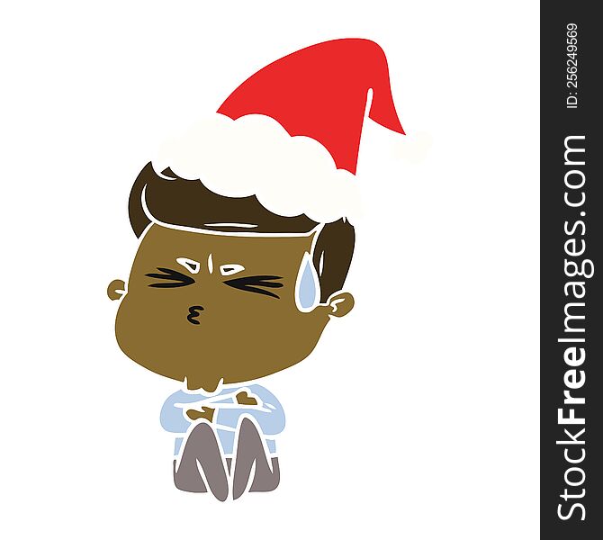 Flat Color Illustration Of A Man Sweating Wearing Santa Hat