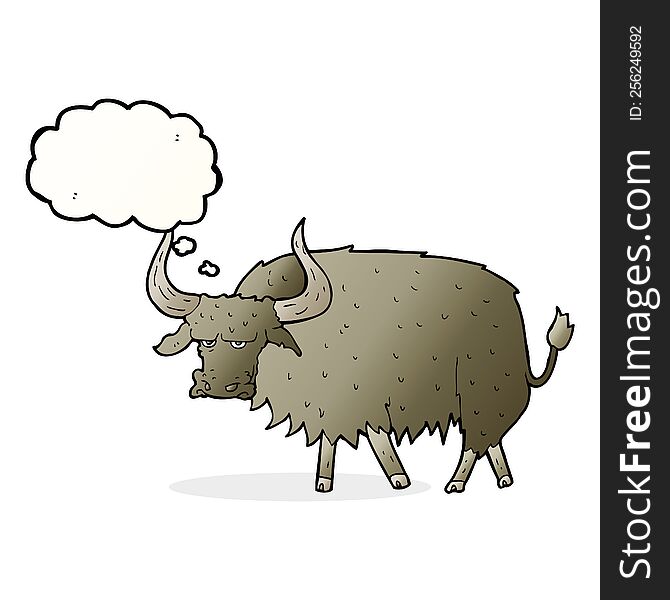 cartoon annoyed hairy cow with thought bubble