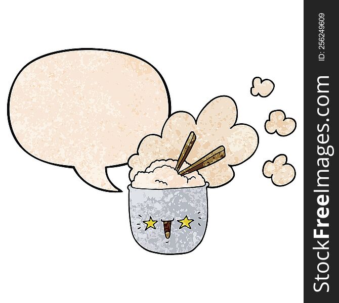 cute cartoon hot rice bowl with speech bubble in retro texture style