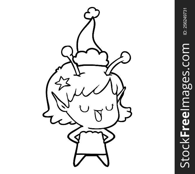 Happy Alien Girl Line Drawing Of A Wearing Santa Hat