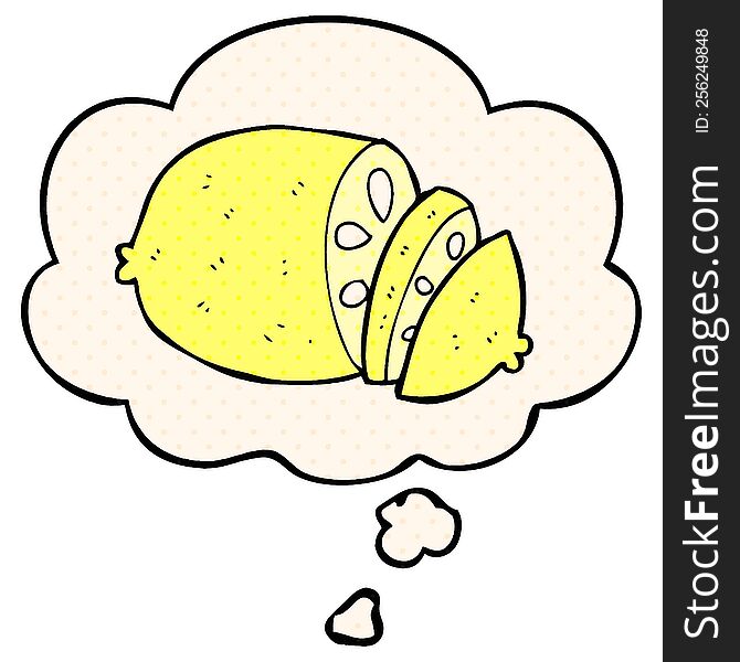 Cartoon Sliced Lemon And Thought Bubble In Comic Book Style