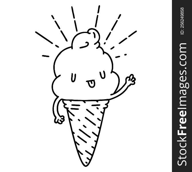 illustration of a traditional black line work tattoo style ice cream character waving