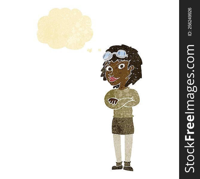 cartoon woman with crossed arms and safety goggles with thought bubble