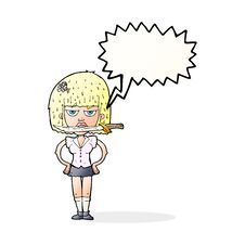 Cartoon Woman With Knife Between Teeth With Speech Bubble Stock Photos